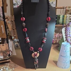 Handmade Red and Black Beaded Tassel Necklace